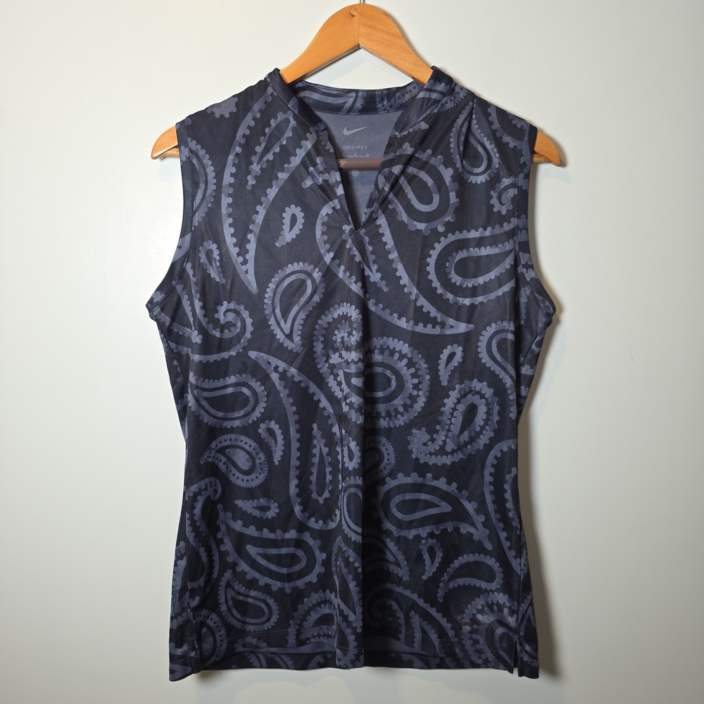 Nike Golf Dri-FIT Paisley Sleeveless Polo Top Navy Blue DH1975-451 Womens Medium